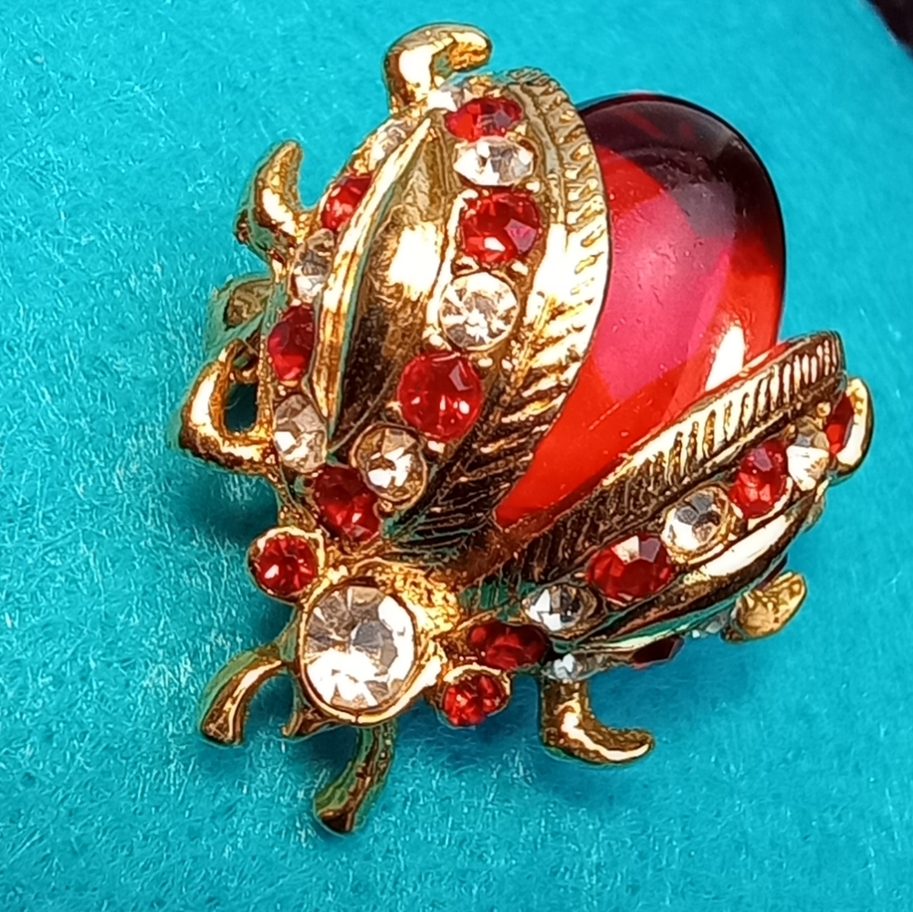 Ladybug Red Jellybelly & Crystal Brooch Pin 1.25"